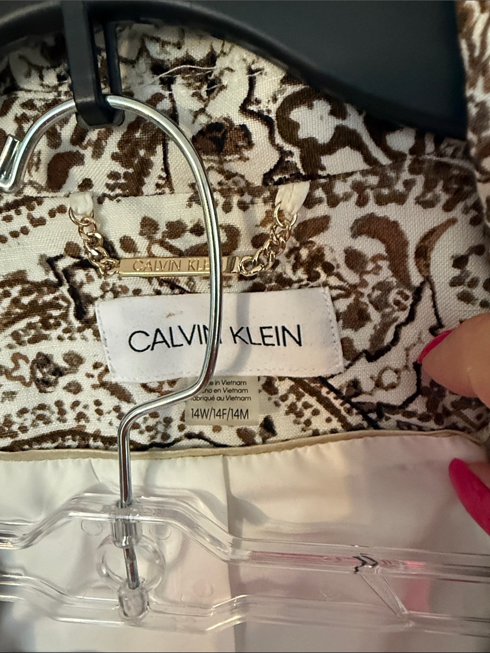 Calvin Klein Brown Paisley Print Open Front 3/4 Blazer on Ivory. Size 14W - Picture 2 of 4